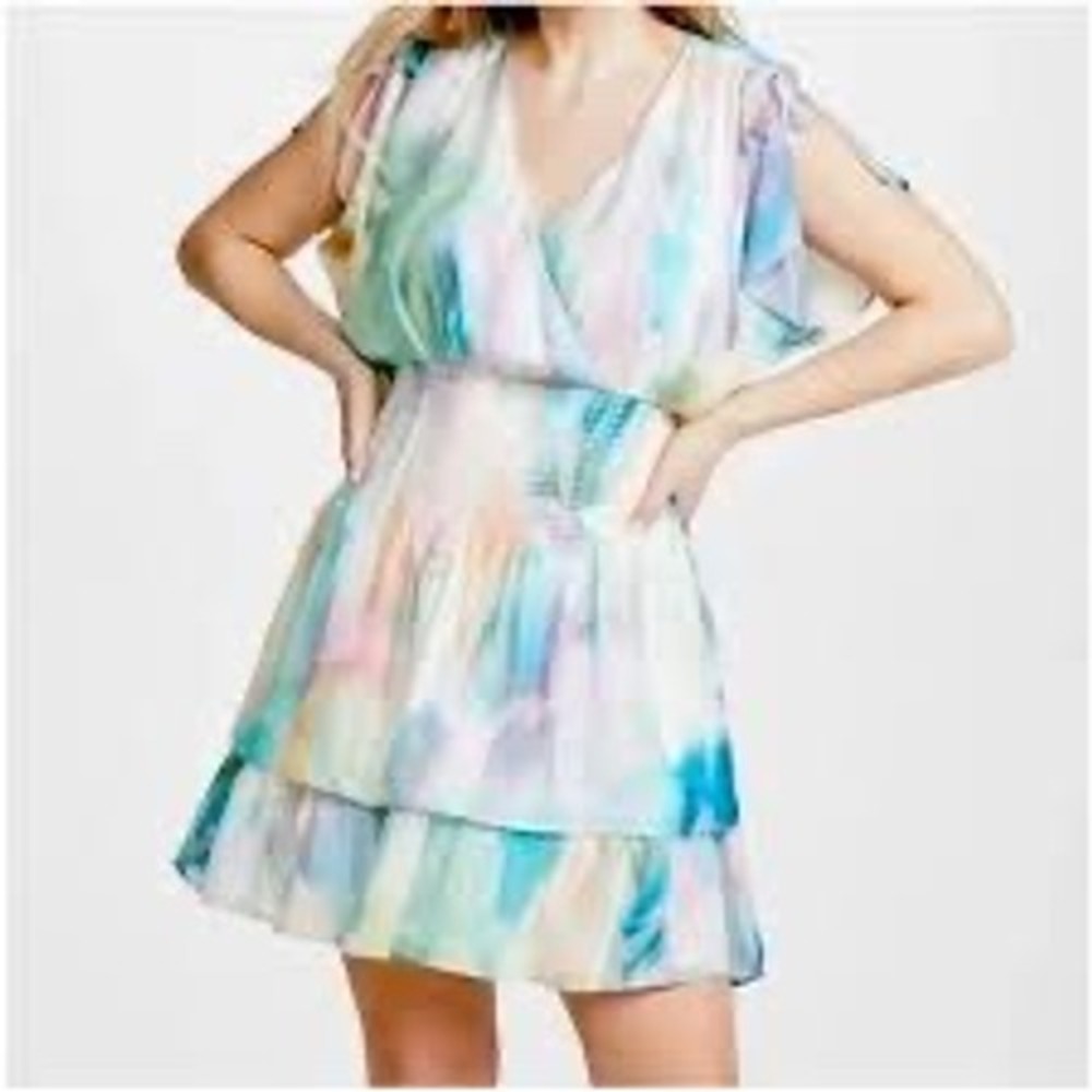 Parker Watercolor Silk Blend Smocked Mini Dress V-Neck Ruffle Pastel P0C3547SB M